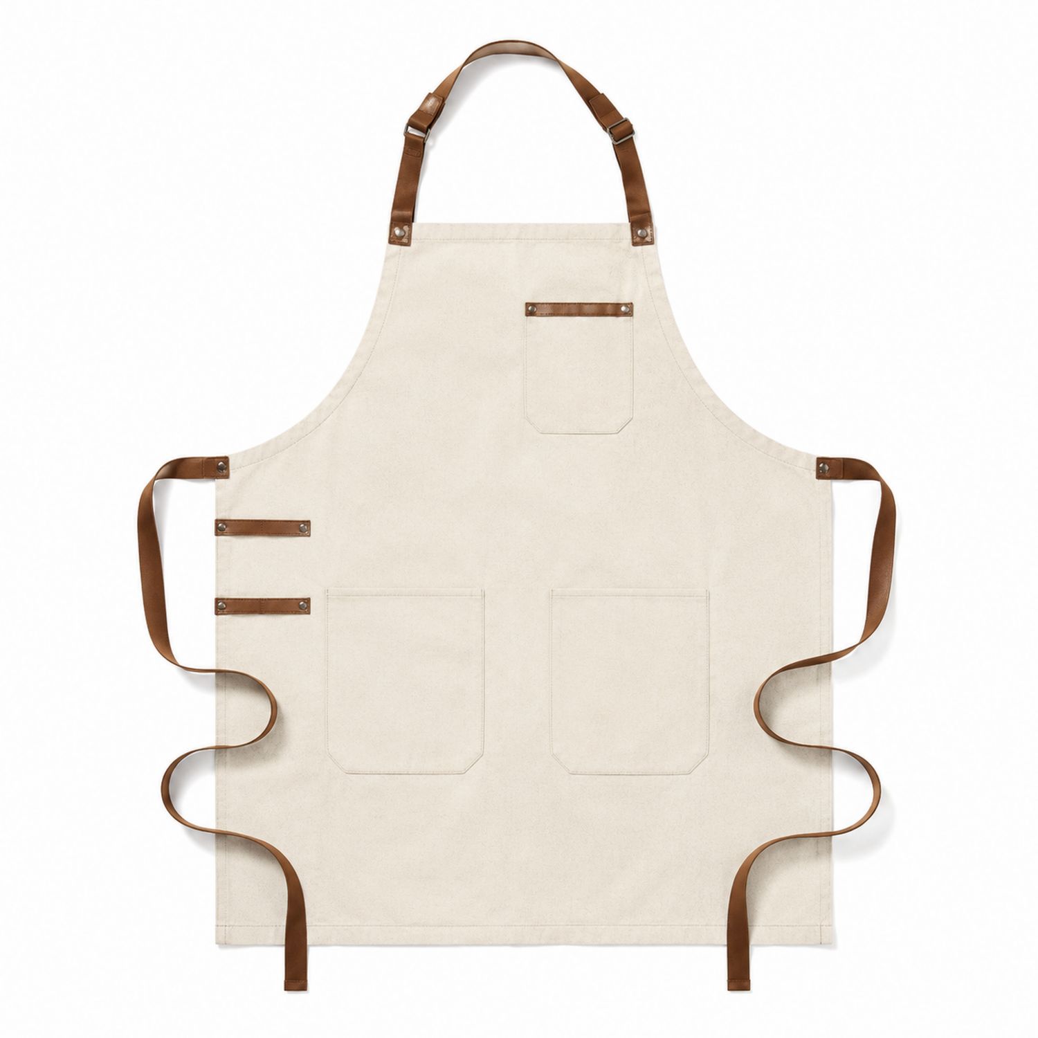 Beige Schürze mit Braunen Riemen und Taschen