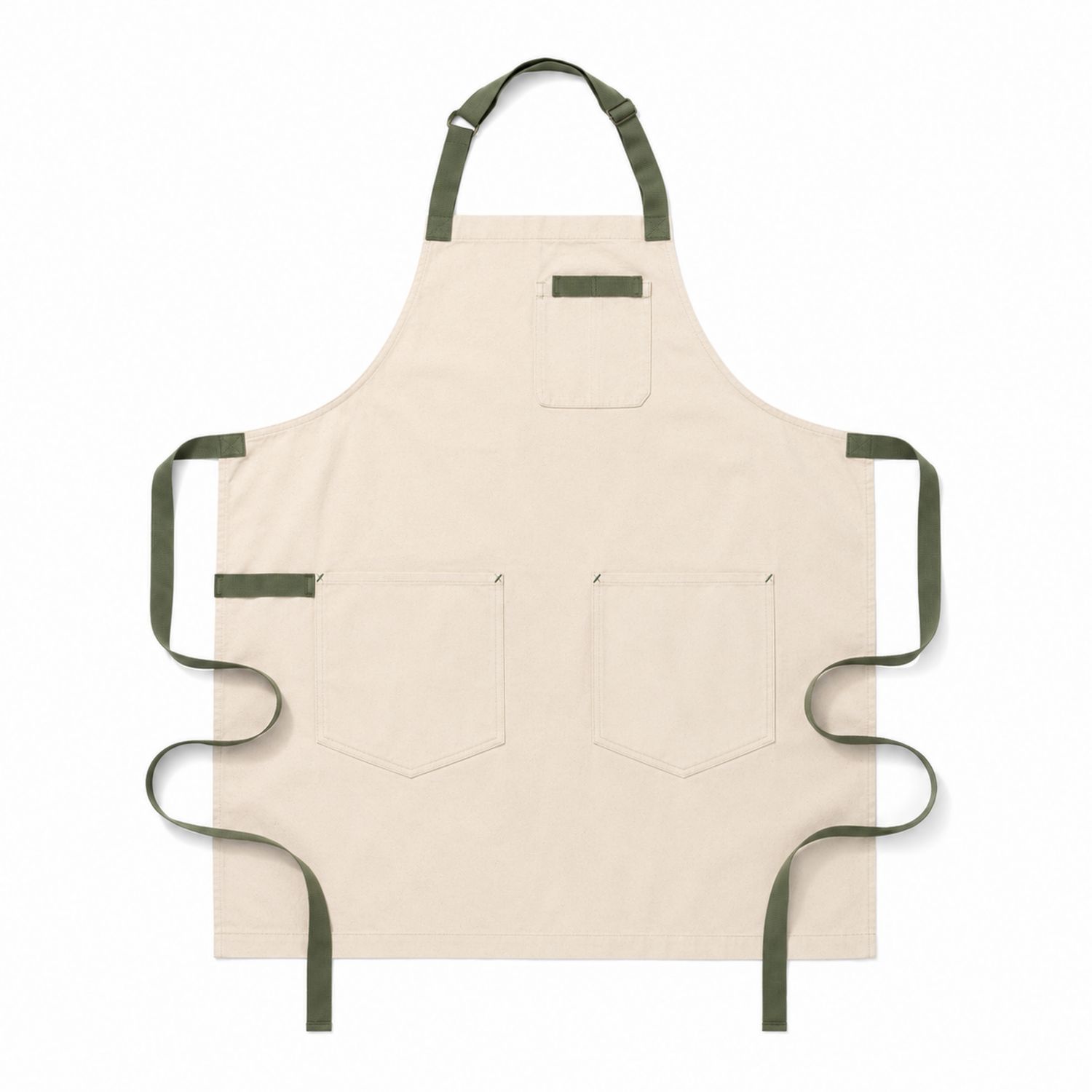 Beige Küchenschürze mit Grünen Bändern und Taschen