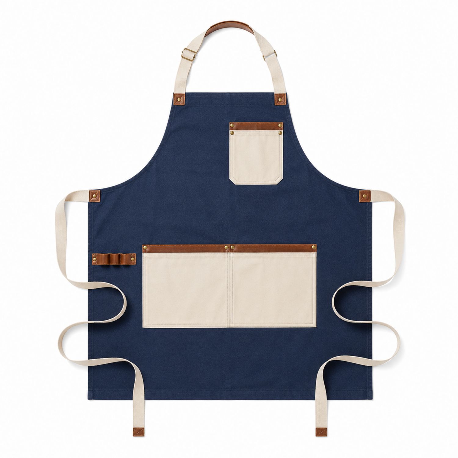 Unisex Leinenschürze Blau/Beige mit Taschen