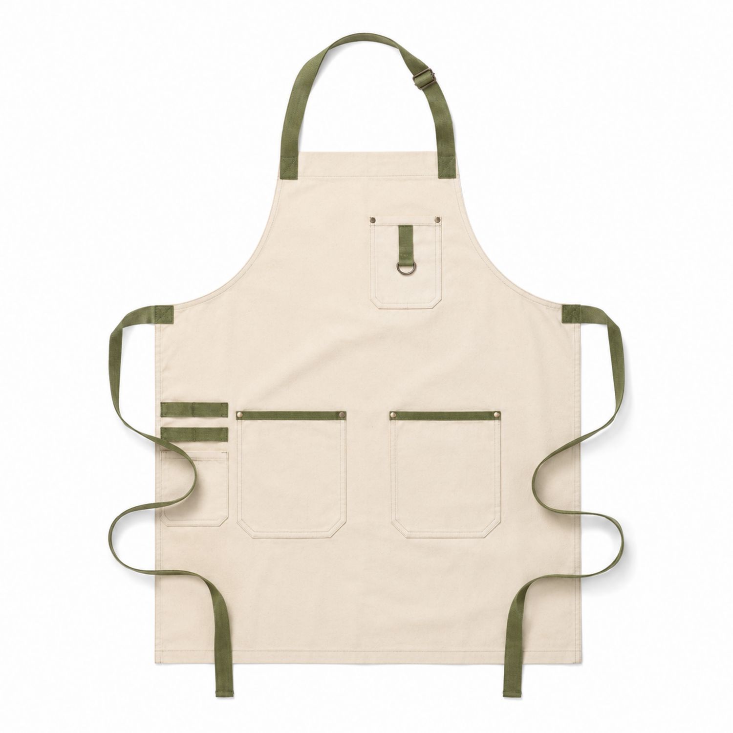 Beige Küchenschürze mit Grünen Bändern und Taschen