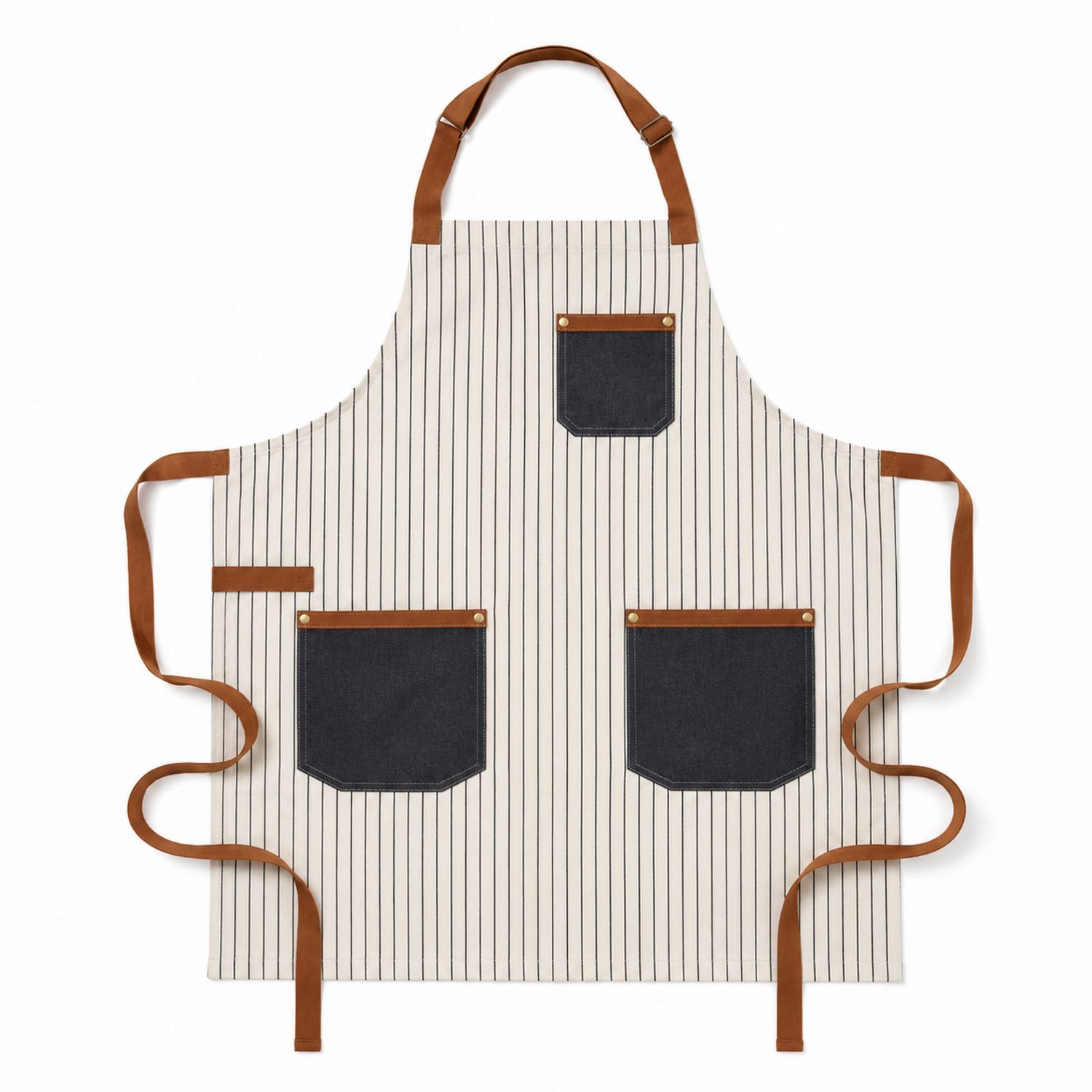 Gestreifte Küchenschürze Beige-Braun mit Verstellbarem Riemen und Taschen