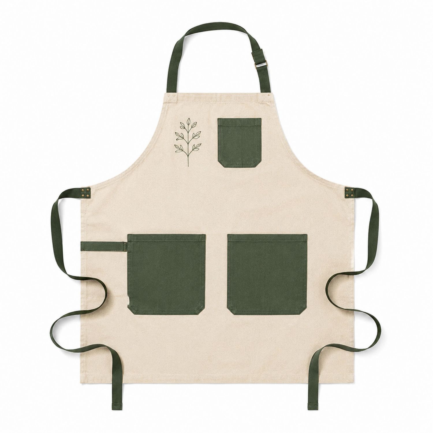 Küchenschürze Grün Beige mit Taschen und Stickzweig