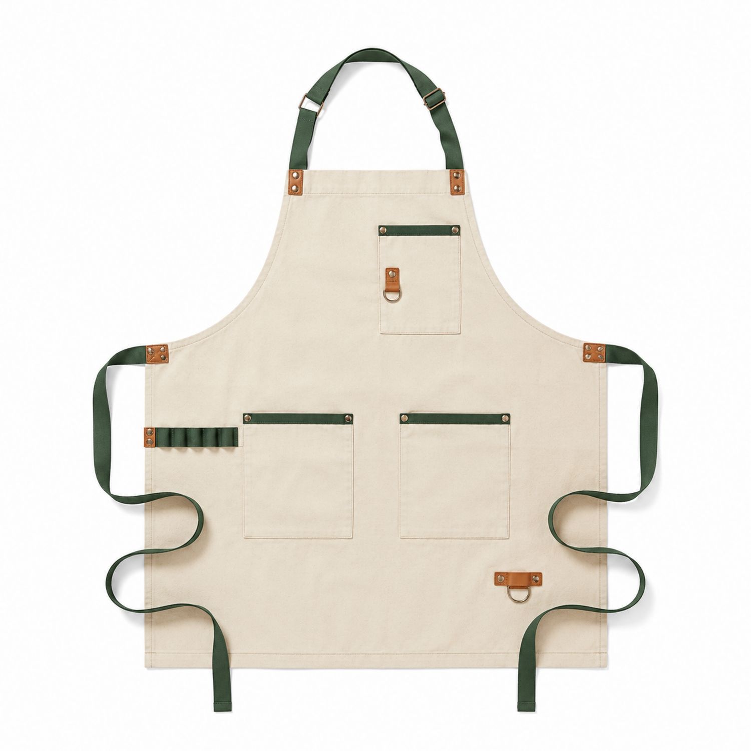 Unisex Arbeitsschürze Beige/Grün mit Taschen und Schlaufen