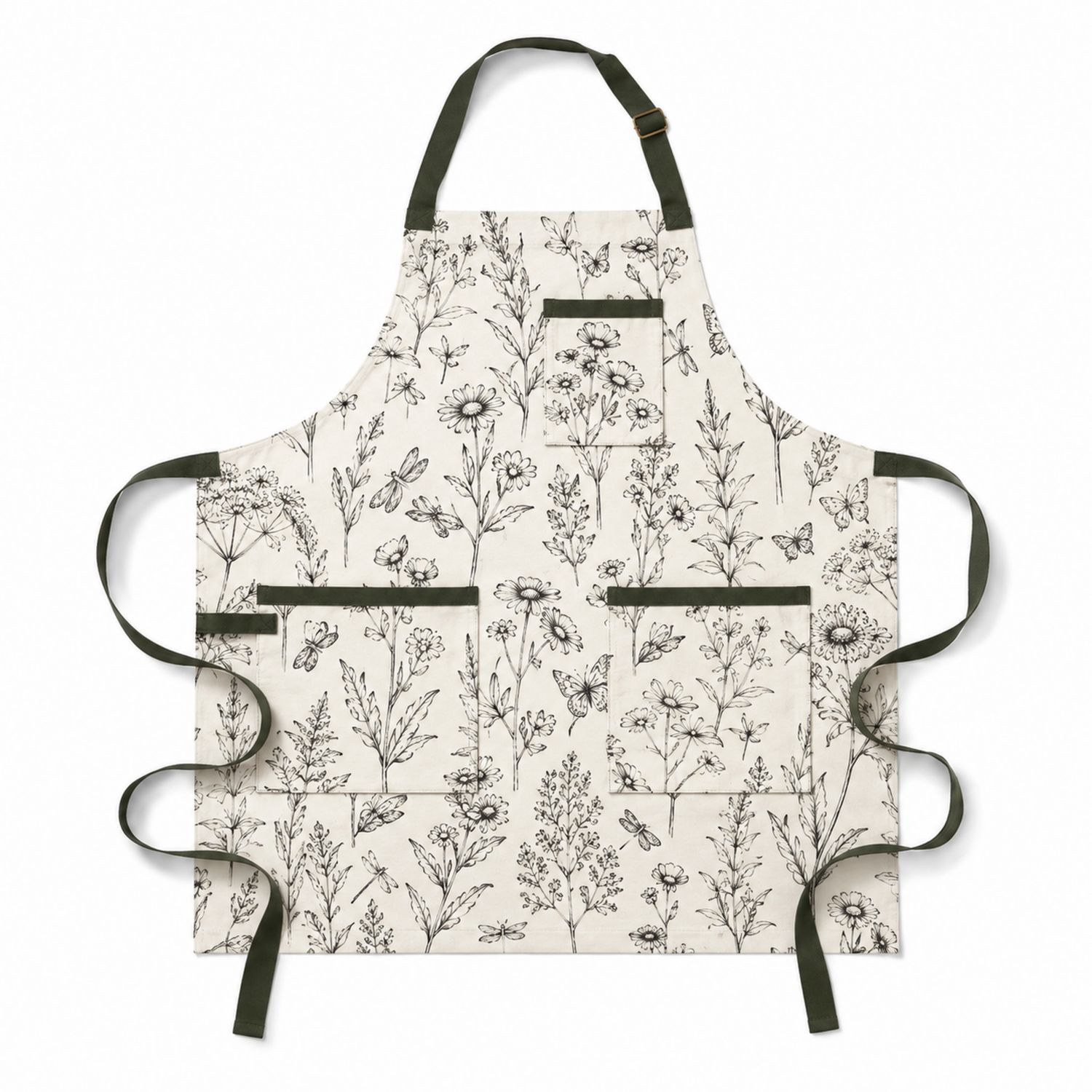 Küchenschürze mit botanischem Muster und verstellbarem Nackenträger, Beige/Schwarz