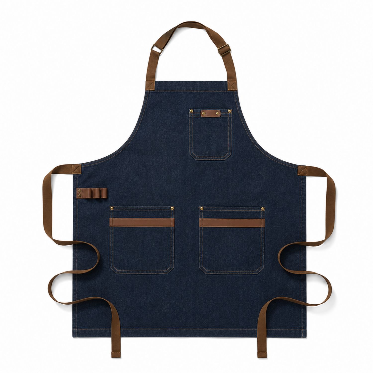 Denim Küchenschürze Blau Braun mit Verstellbaren Bändern und Taschen