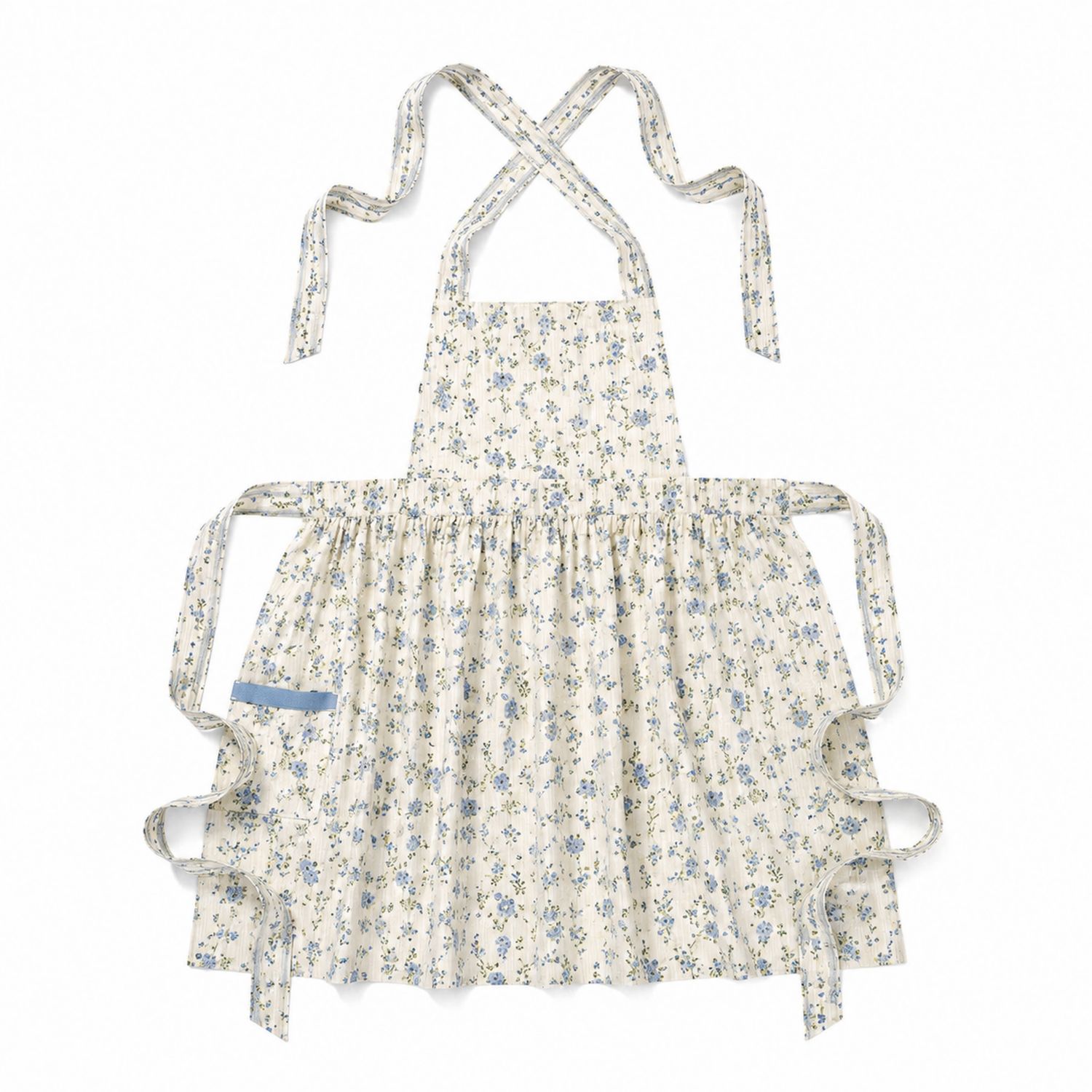 Blumige Küchenschürze mit Tasche in Weiß und Blau