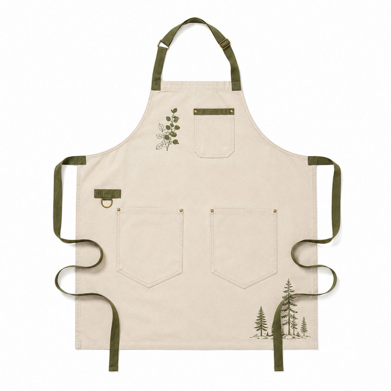 Verstellbare Latzschürze Beige mit Taschen und Blatt- und Baumdesign