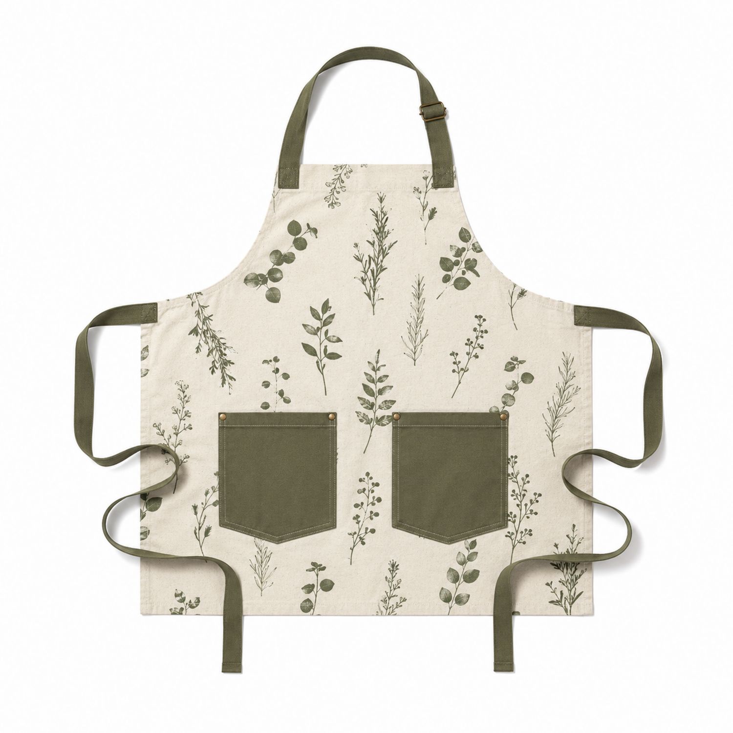 Kochschürze mit Pflanzenmotiv, Verstellbares Nackenband, Grün/Beige