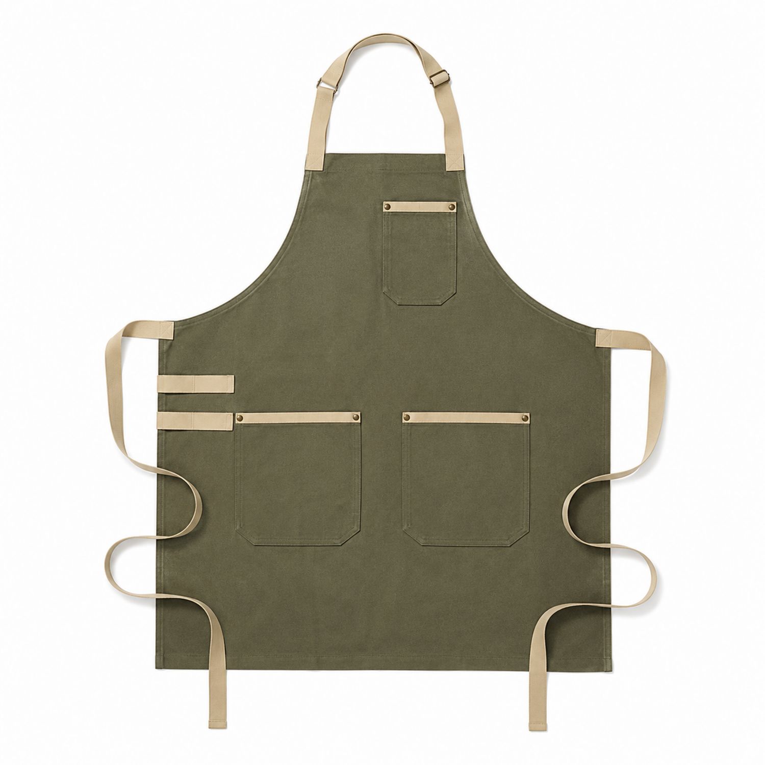 Verstellbare Küchenschürze Olivgrün mit Taschen und Beige Details