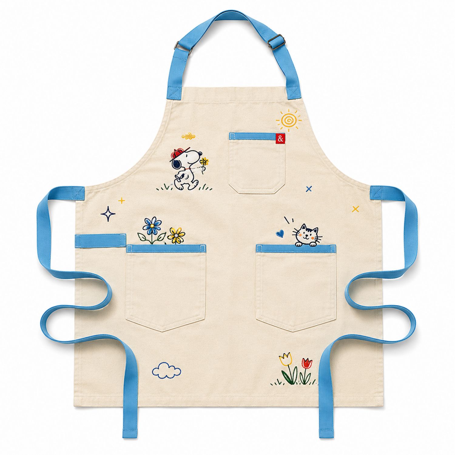 Kinderschürze Beige Blau mit Stickerei und Taschen
