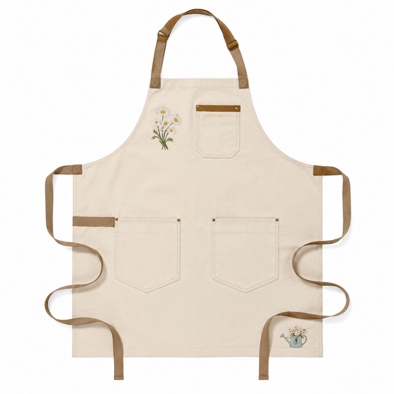 Beige Schürze mit Gänseblümchenstickerei und Taschen