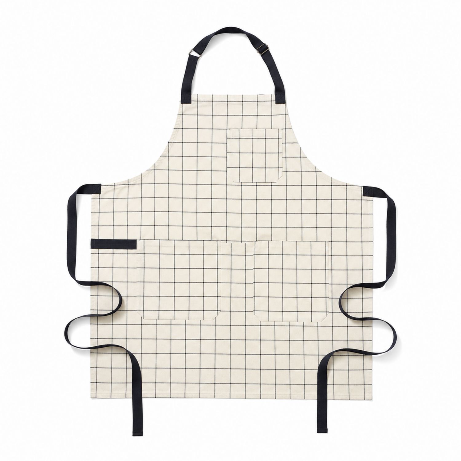 Karierte Küchenschürze mit verstellbarem Nackenriemen und Taschen - Beige/Schwarz