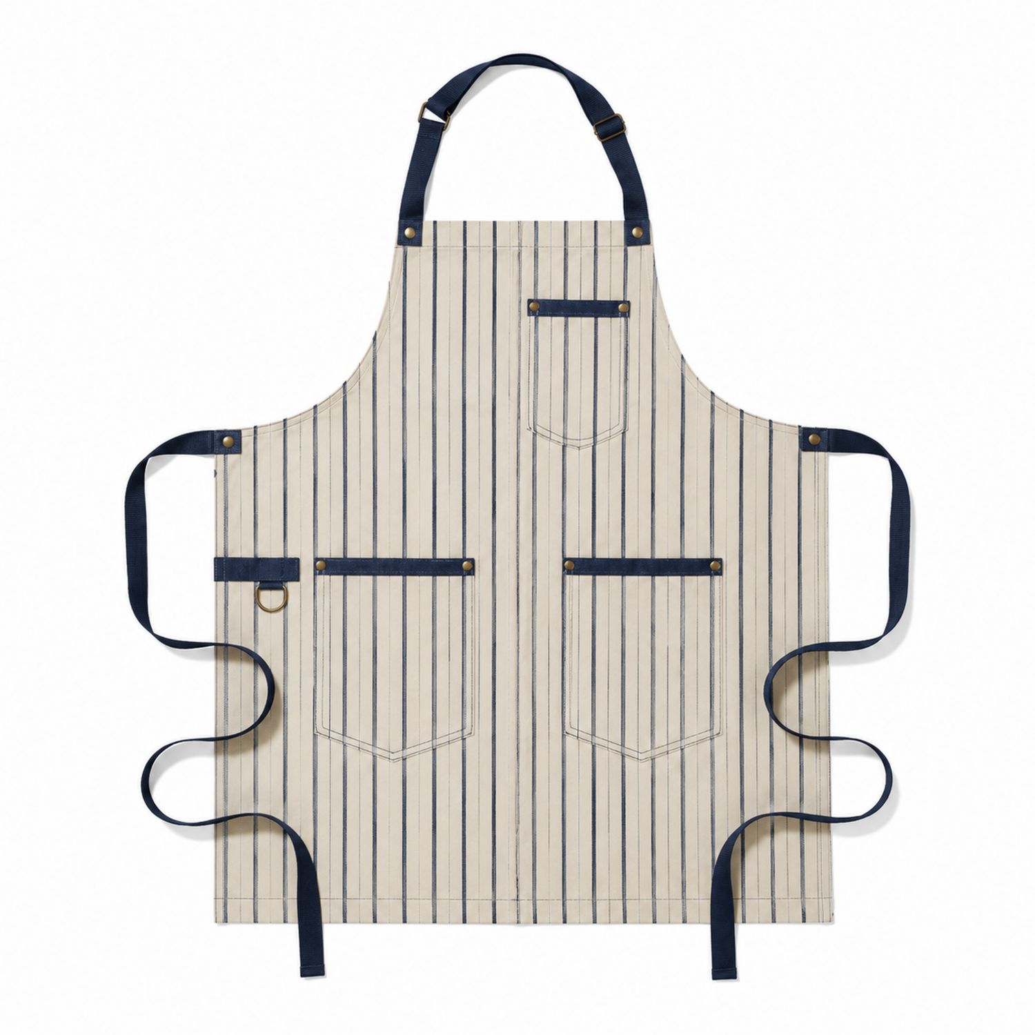 Verstellbare Küchenschürze mit Taschen, Streifenmuster, Beige/Marineblau