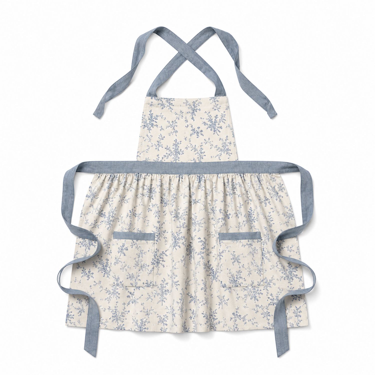 Küchenschürze mit Blumenmuster und Taschen, Blau/Weiß