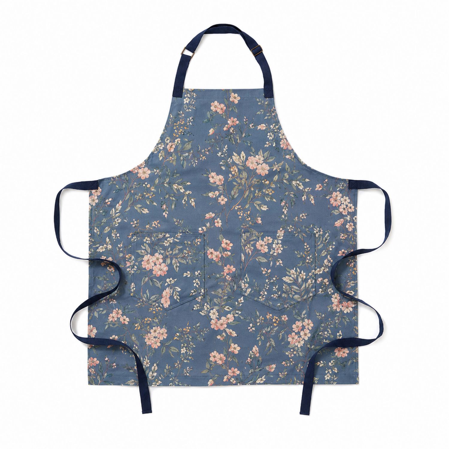 Blaue Küchenschürze mit Blumendruck, Verstellbare Riemen