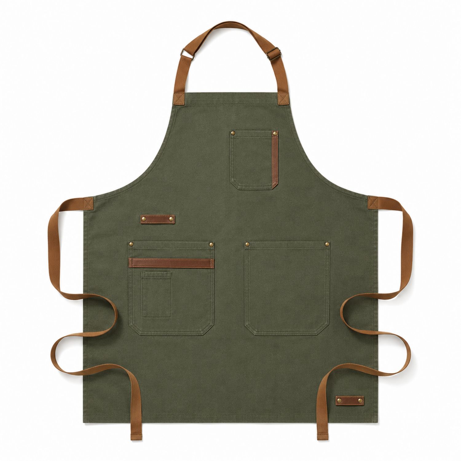 Grüne Schürze mit Lederbändern und Mehreren Taschen