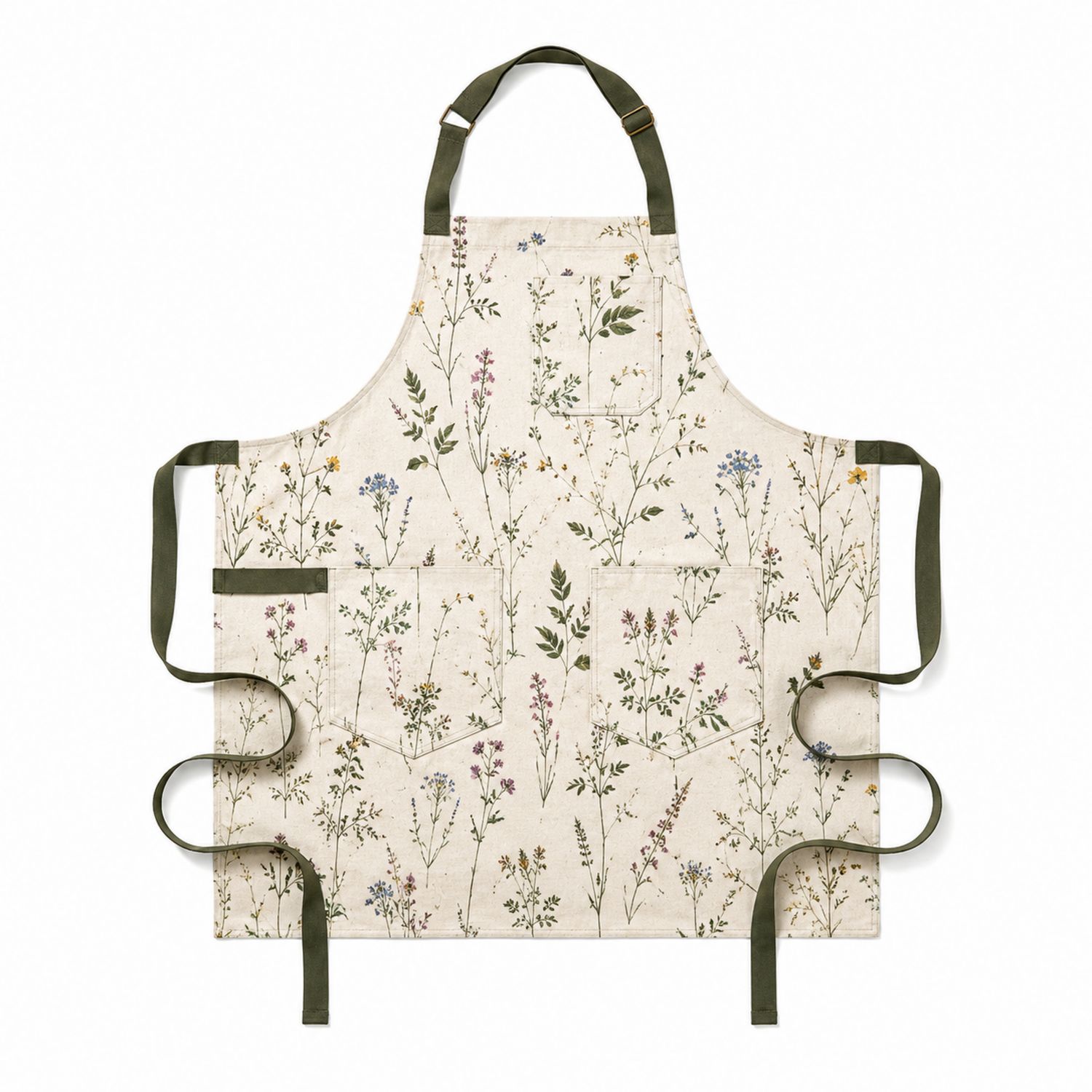 Kochschürze Blumenmuster Grün/Beige Verstellbar mit Taschen