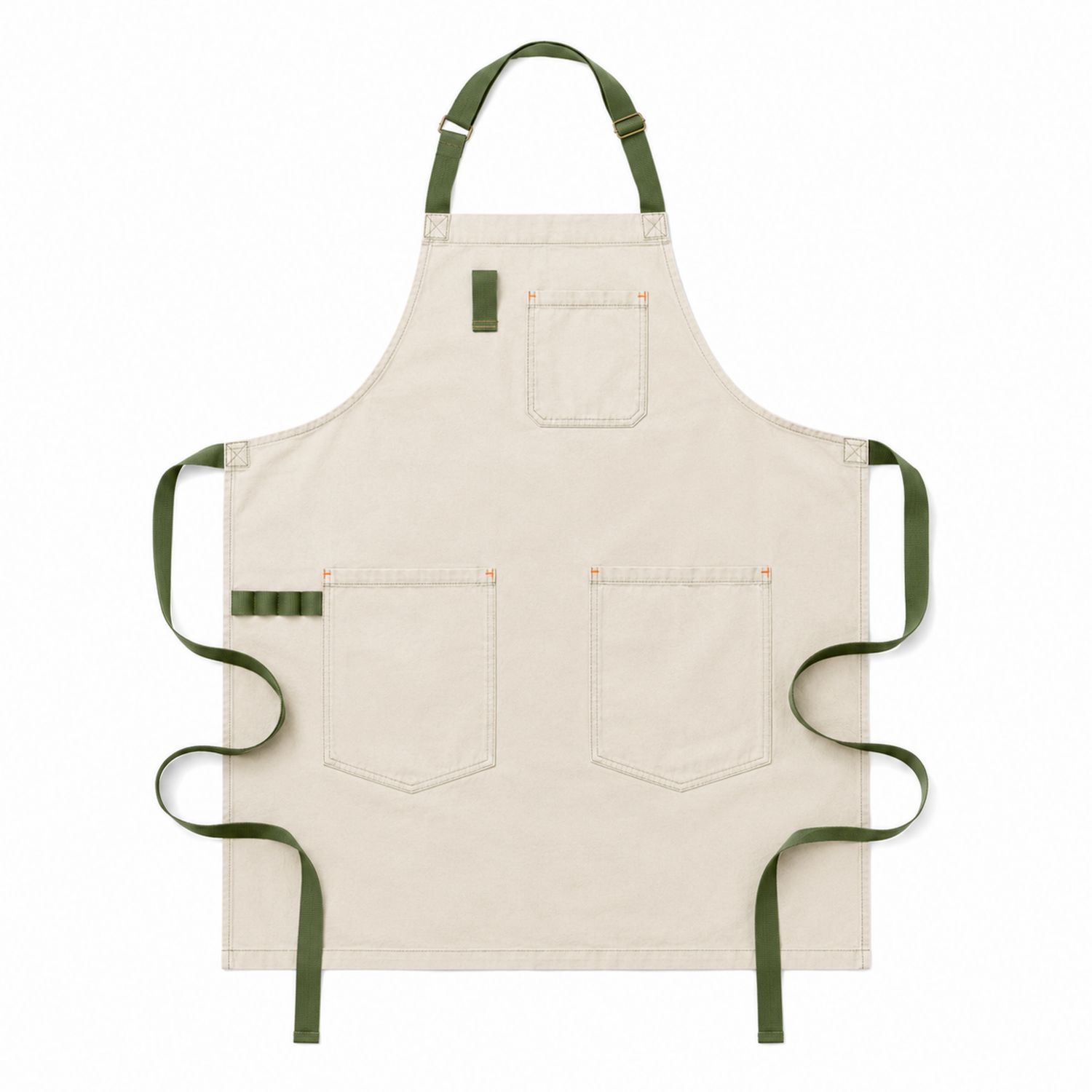 Beige Küchenschürze mit Taschen und Dunkelgrünen Bändern
