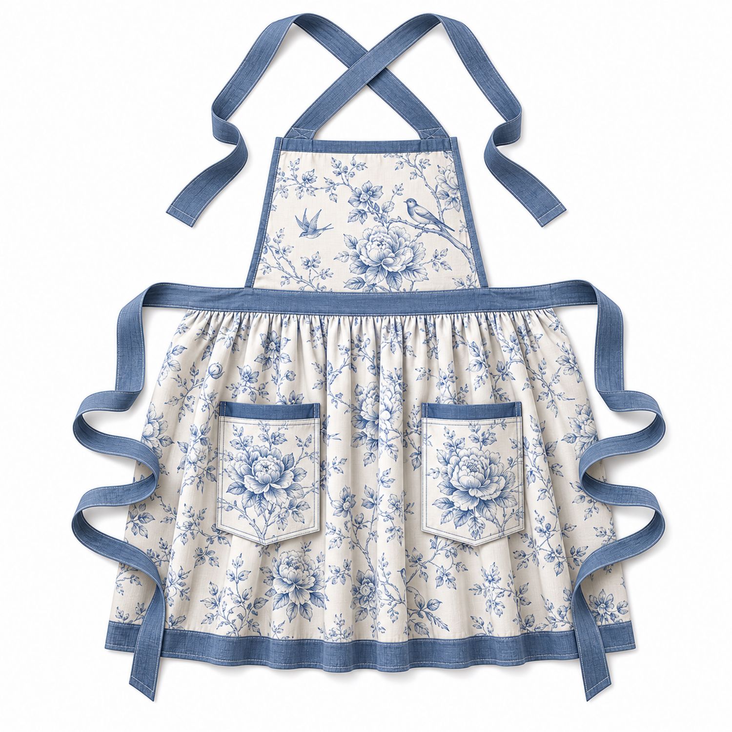 Küchenschürze mit blauem Blumenmuster und Taschen