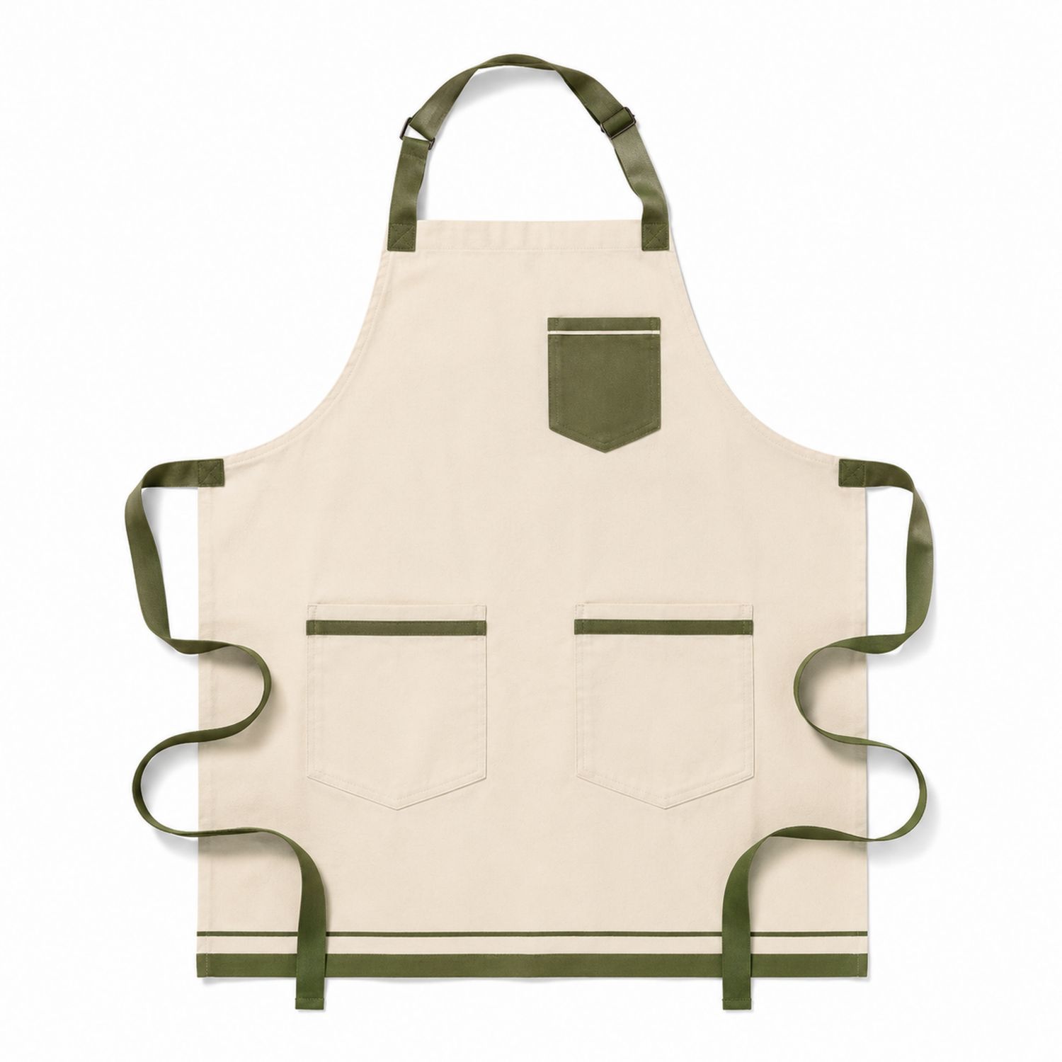 Beige/Grüne Kittelschürze mit Verstellbarem Nackenband und Taschen