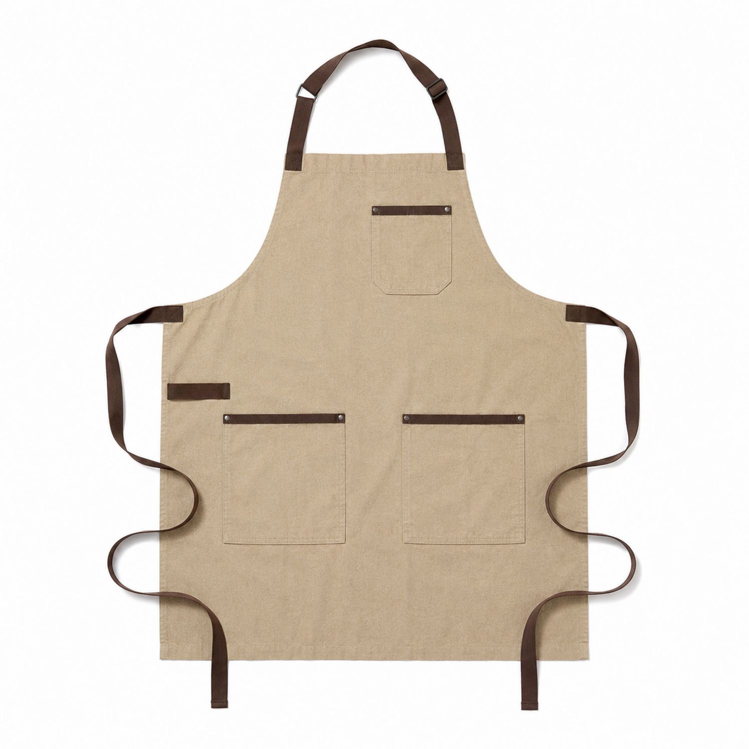 Beigefarbene Schürze mit verstellbarem Nackenband und Taschen