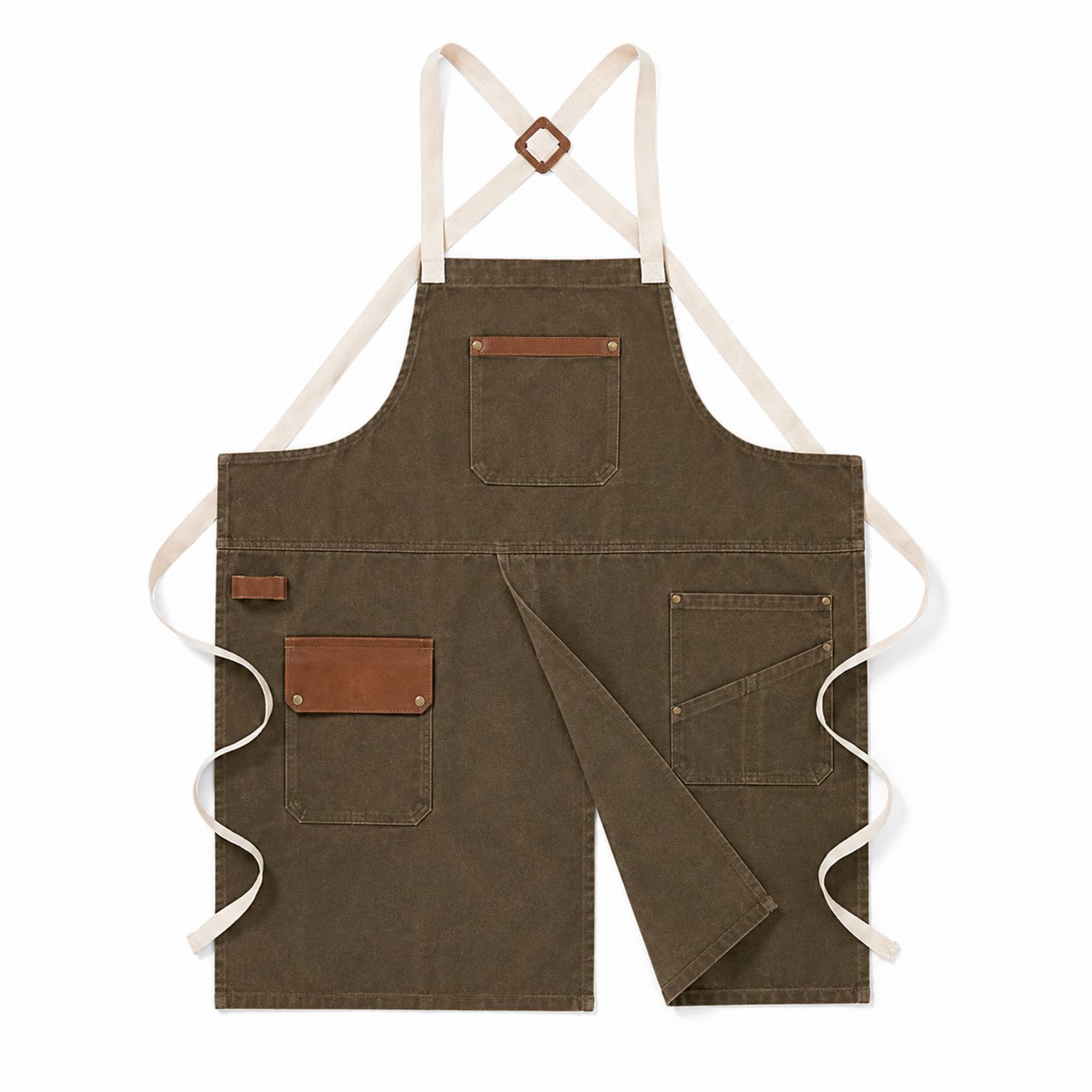 Braune Werkstattschürze mit Mehrfachtaschen und D-Ring