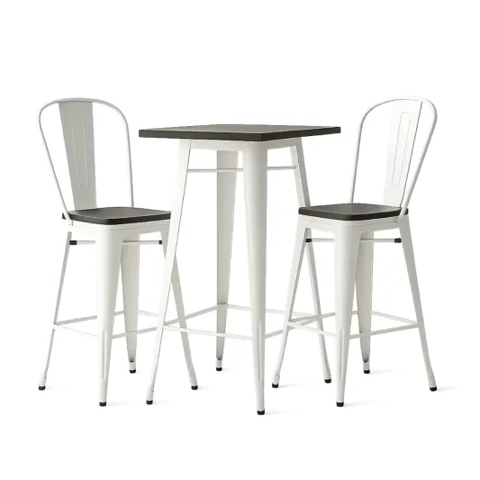 Bar-Set mit quadratischem Tisch aus Metall und Holz in Weiß-roomovria