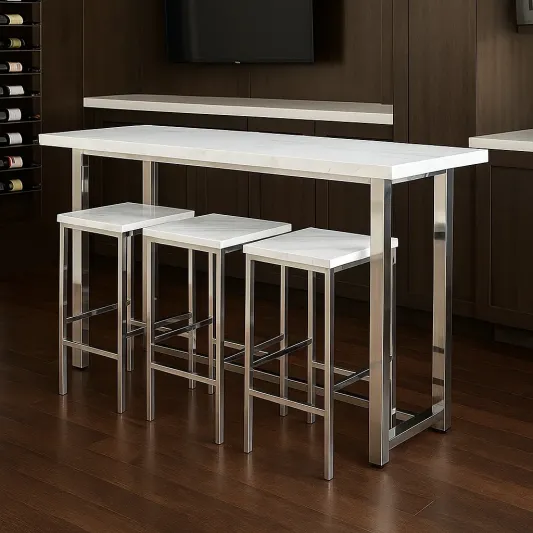 Bartisch-Set aus MDF und Edelstahl mit 3 Hockern Weiß/Silber-roomovria