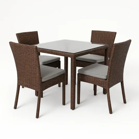 Polyrattan Essgruppe mit Glasplatte 80x80cm Braun/Grau-vornaveli