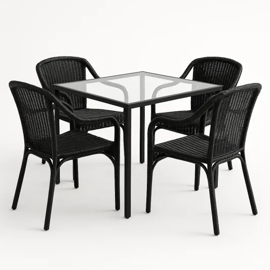 Gartenset 4 Stühle mit Tisch Glasoberfläche Rattan Schwarz-vornaveli