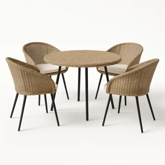 Rattan-Sitzgruppe mit Rundtisch und 4 Stühlen aus Metallbeinen-vornaveli