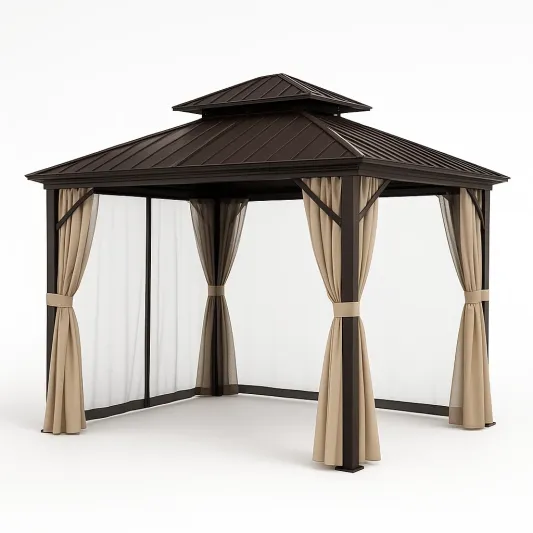 Pavillon aus Aluminium mit Vorhängen und Netz Dunkelbraun 3x3 m-vornaveli