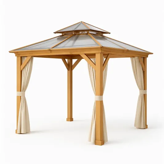 Holzpavillon mit Verbundglasdach und Polyester-Vorhängen 300x300 cm-vornaveli