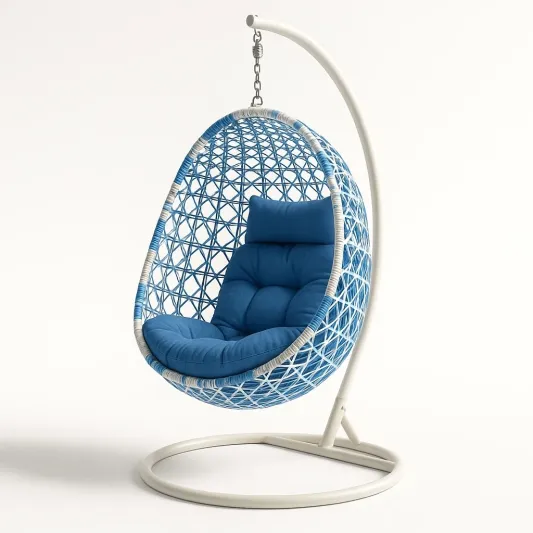 Hängesessel Ei-Form Rattan Blau mit Stahlrahmen und Kissen-meubarvix