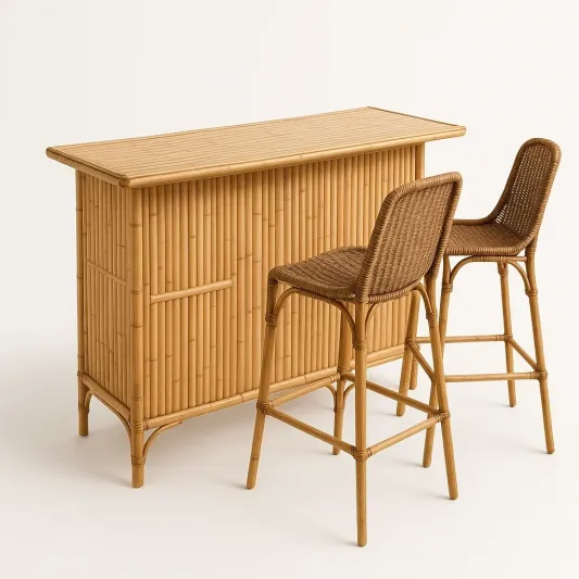Bambus Bartisch Set mit 2 Rattan Hochstühlen-meubarvix