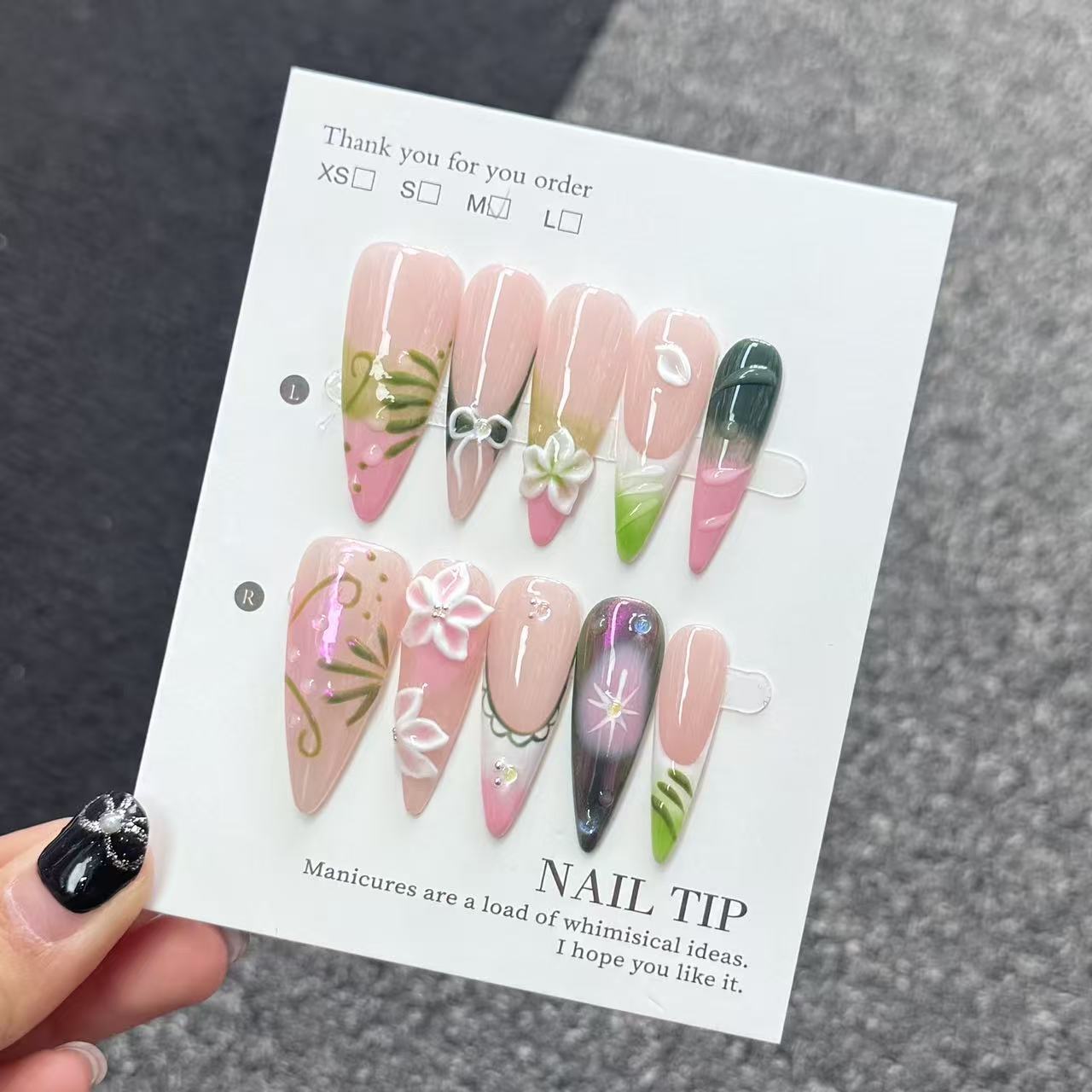 Ongles Press-On « Bohème Floral Éthéré » | Style Printemps Romantique | Dégradé Vert & Rose | Réutilisables