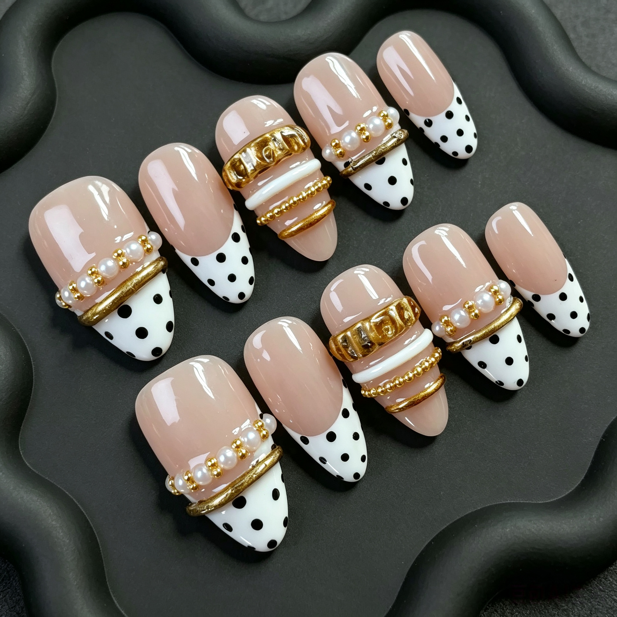 Français Pois Noir Blanc Perles Or Métal Amande Longue Chic Minimaliste