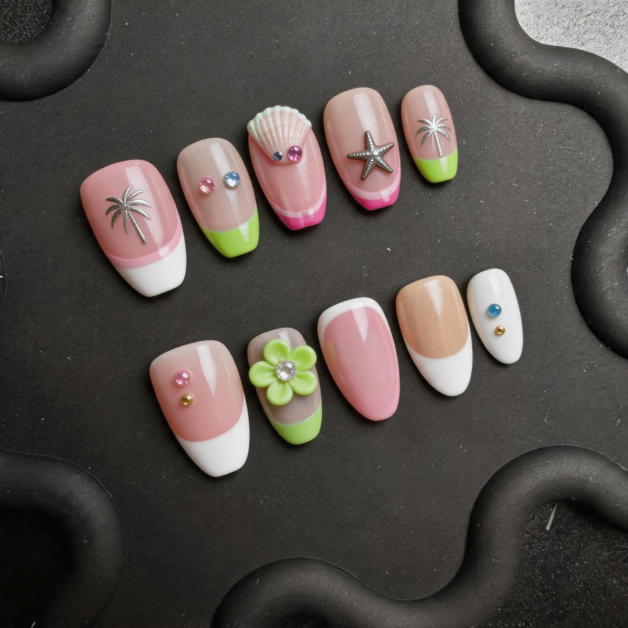 Ongles Press-On « Vibe Tropicale d’Été » | Style Vacances & Plage | Rose Bonbon & Pastel | Réutilisables