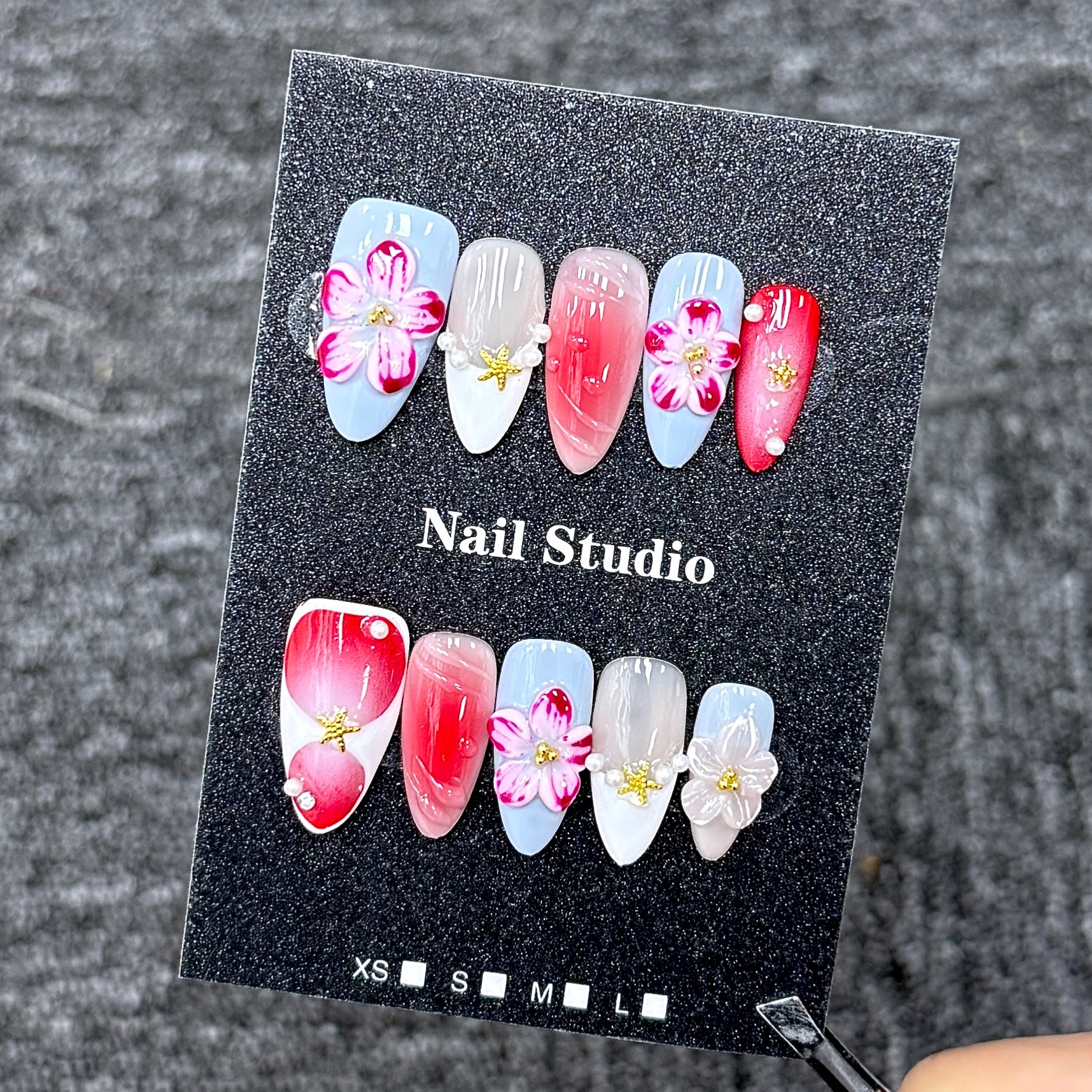 Ongles Press-On « Fleurs de Malus 3D Dégradé Rose Bleu » | Style Frais Féminin | Forme Amande Longue | Fleurs Sculptées & Étoiles Marines