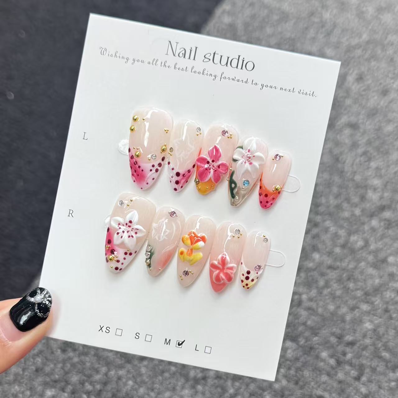 Ongles Press-On « Jardin de Cerisier » | Style Floral & Dégradé Rose | 3D Fleurs & Gemmes | Réutilisables