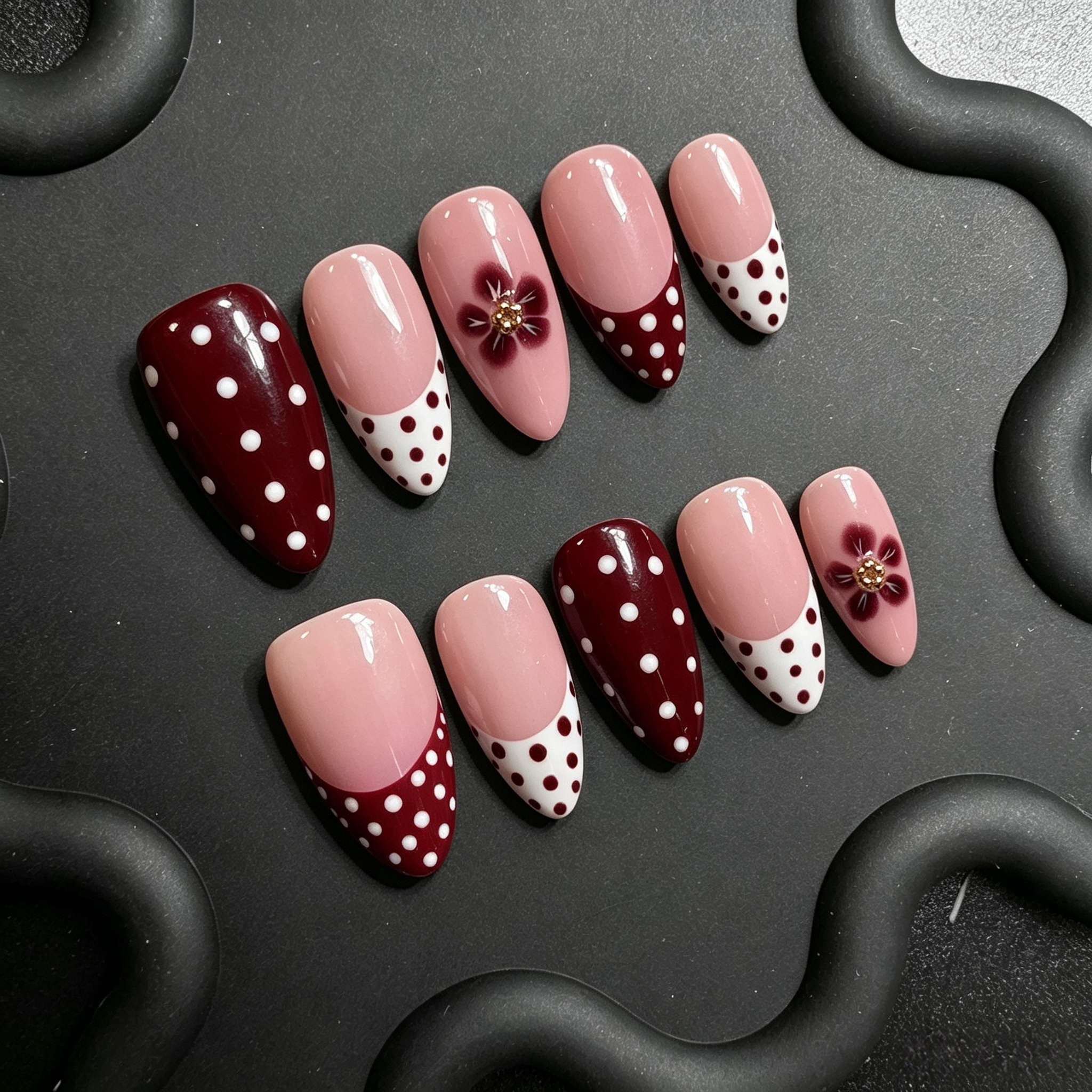 Ongles Press-On « Rouge Cerise & Fleurs » | Style Rétro & Romantique | Pois & Dégradé Floral | Réutilisables