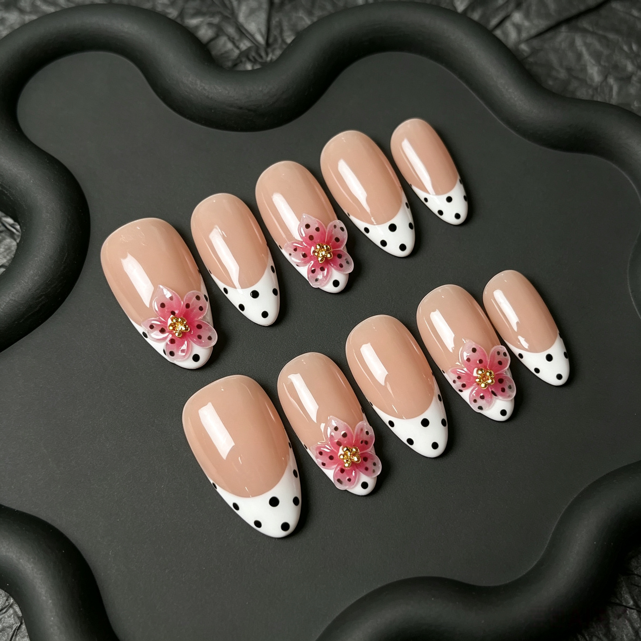 Nude Français Pointillé Noir Fleur Transparente Rose Minimaliste