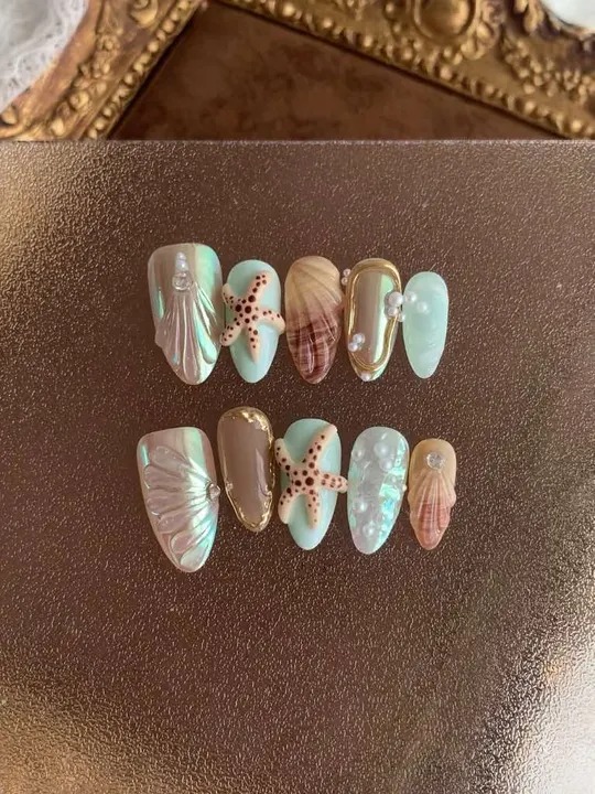 Ongles Press-On « Plage Tropicale » | Coquillages, Étoiles de Mer & Perles | Style Bohème Élégant | Réutilisables & Faciles à Poser