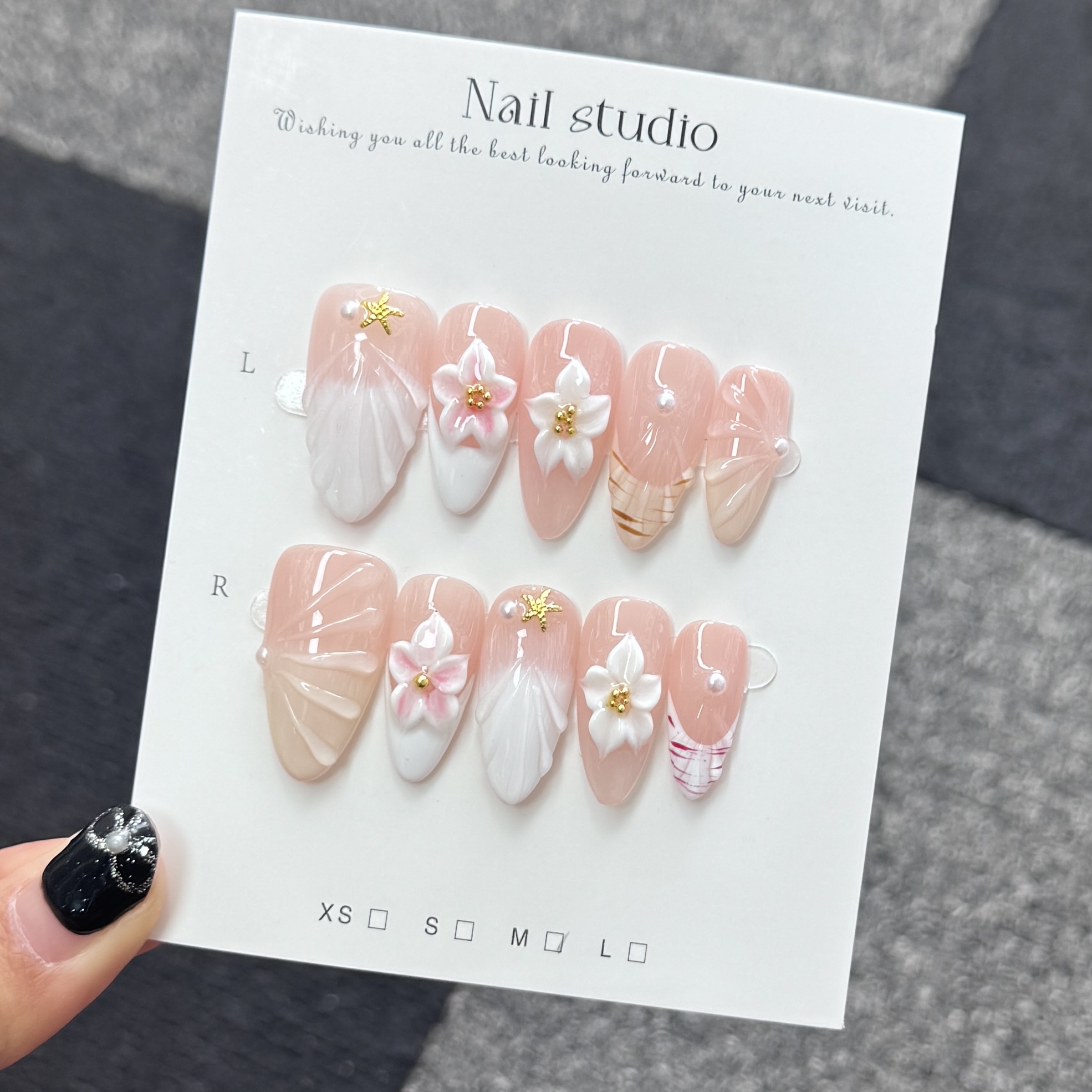 Ongles Press-On « Bohème Marin » | 3D Fleurs & Étoile de Mer | Rose Nude & Blanc | Réutilisables