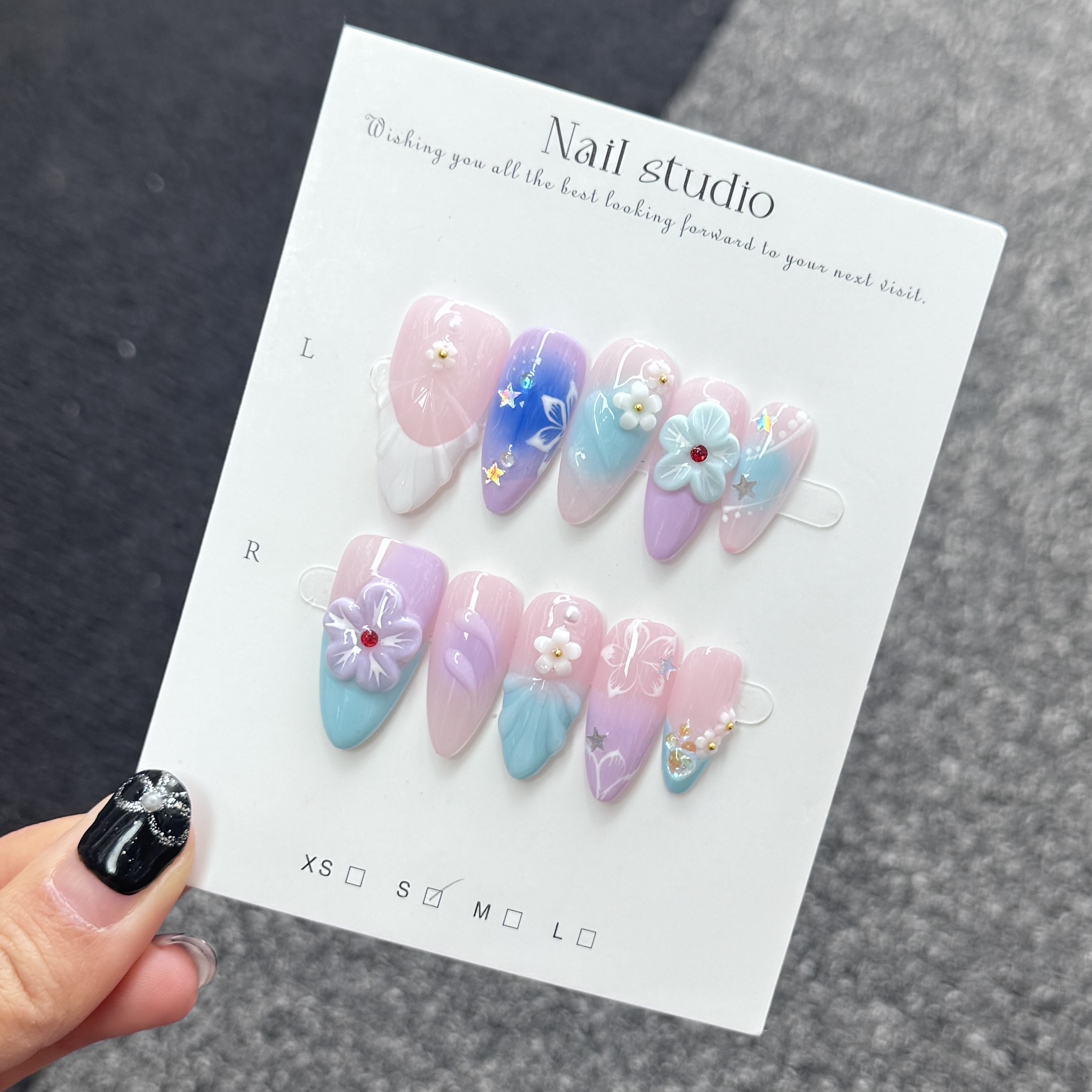 Ongles Press-On « Fairy Aquarelle » | Dégradé Pastel & Fleurs 3D | Style Éthéré & Romantique | Réutilisables
