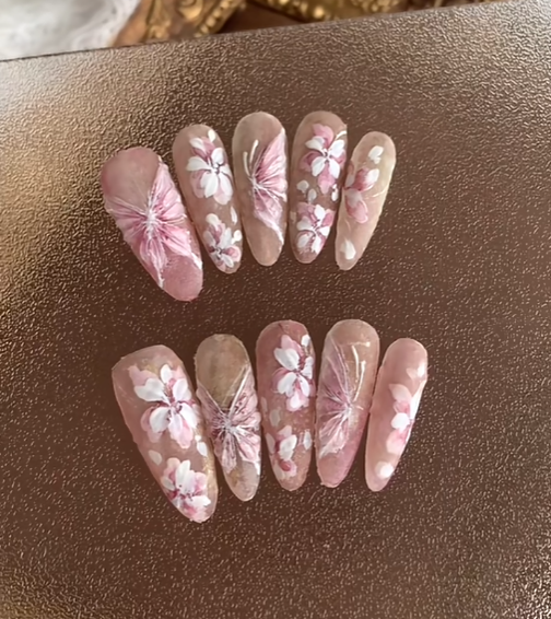 Ongles Press-On « Fleurs de Cerisier Romantiques » | Style Bohème & Délicat | Effet Mat Transparent | Réutilisables & Élégants