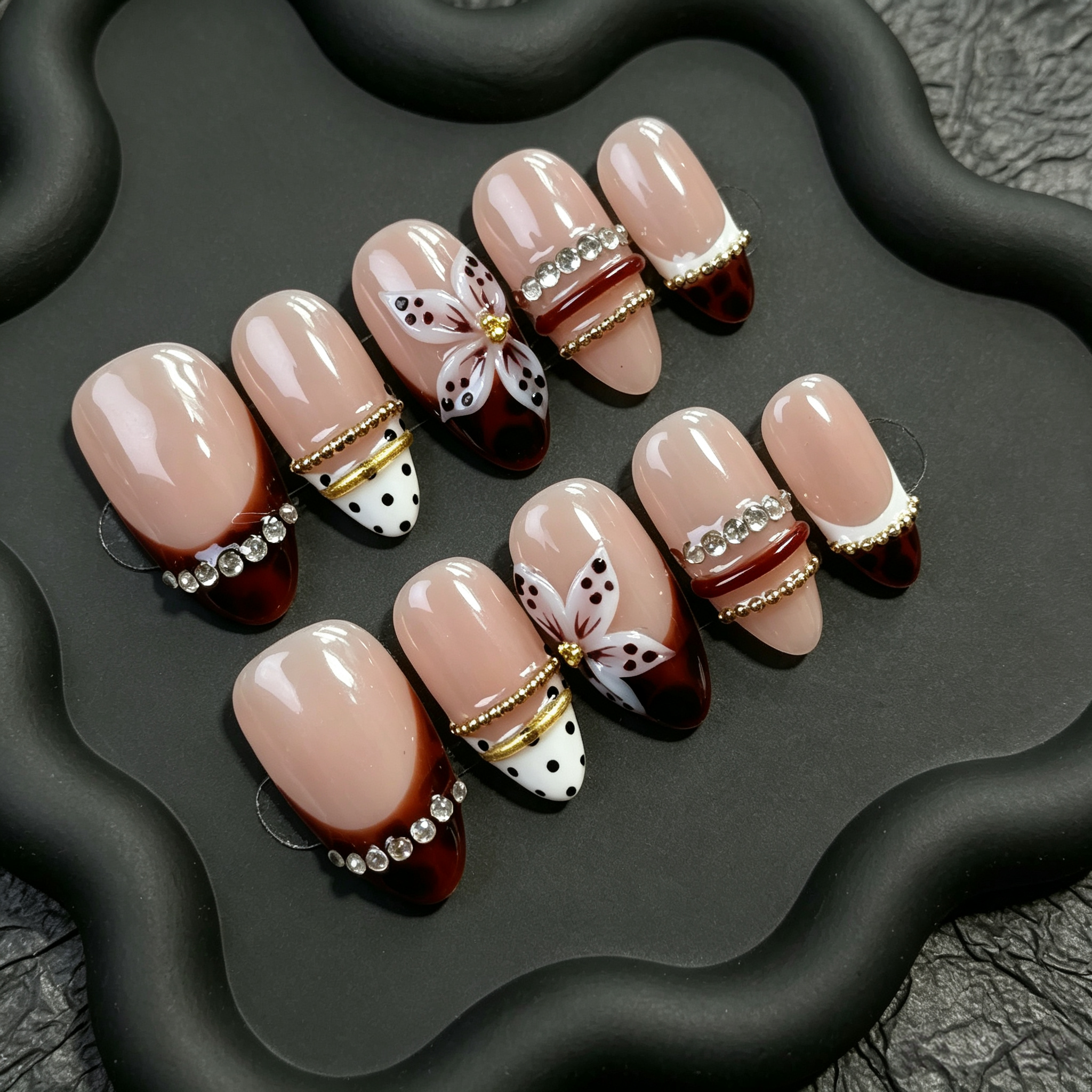  Nude Français Brun Pois Accessoires Cristal Or Vintage