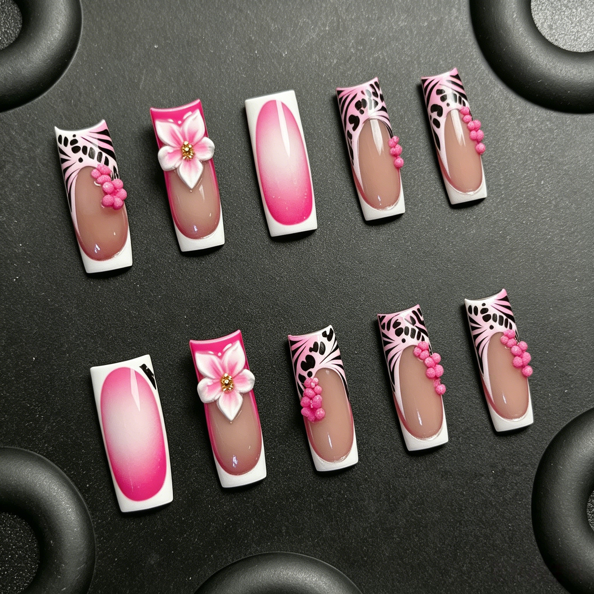 Ongles Press-On « Léopard Rose 3D & French Dégradé » | Style Y2K Girly | Forme Carré Long | Fleurs Résine 3D & Réutilisables
