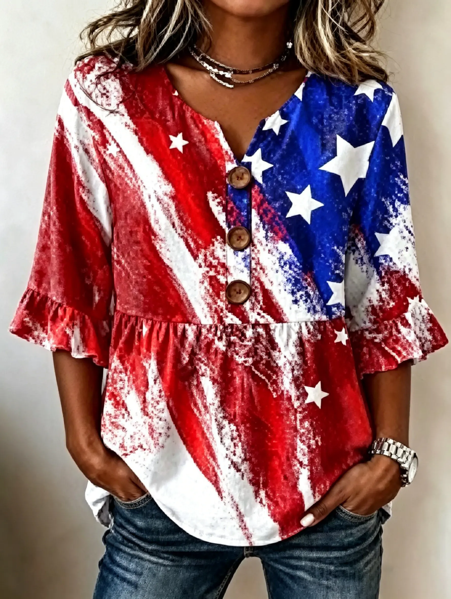 Women's Vintage Distressed American Flag Star Button Henley Ruffle Sleeve Top