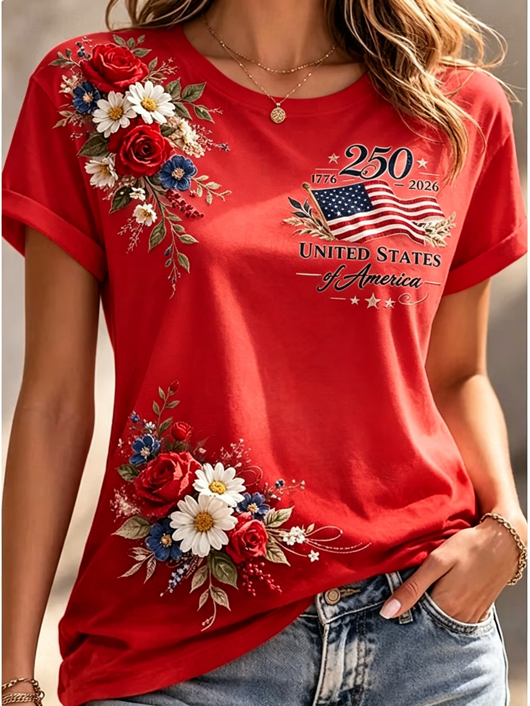 Women’s Patriotic Floral 250th Anniversary USA Flag T-Shirt, Casual Short Sleeve Tee for Independence Day